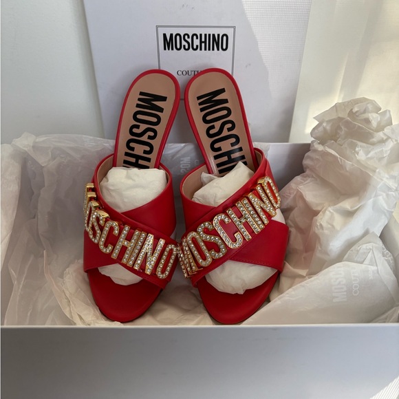 Moschino Couture Crystal Embellished Leather Mule Orange Sandal NWT Size 6 - Picture 10 of 14